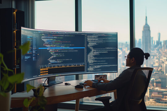 Software developer writing code on computer in modern office with cityscape view
