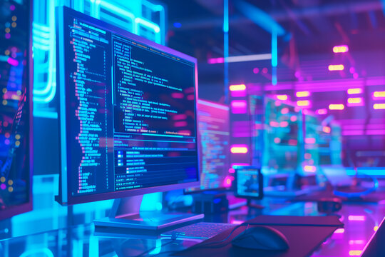 Software developer writing code on computer in neon lit office