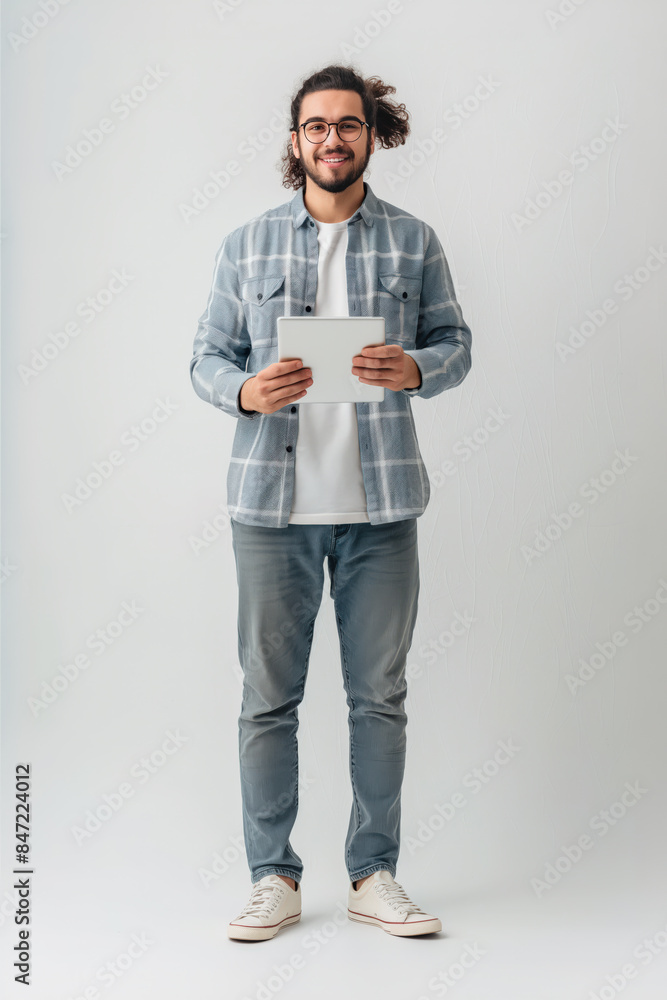 Poster software developer smiling and holding digital tablet