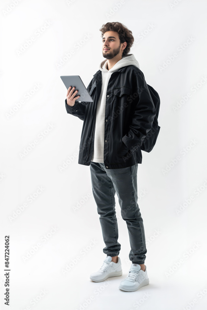 Poster software developer holding tablet and looking up pensively