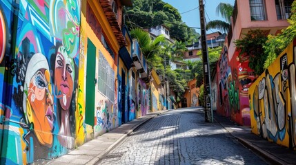 Obraz premium Vibrant street art in urban alleyway with colorful graffiti and murals on walls, surrounded by greenery on a sunny day. Cobblestone path visible.