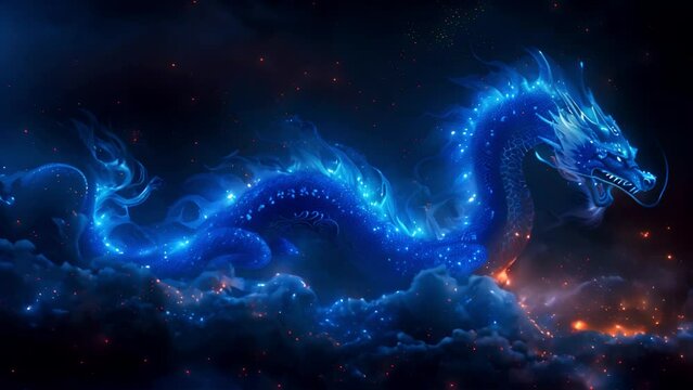 Chinese dragon blue lights. Abstract blue dragon head. 2024 animal Chinese symbol of the year. Fantasy magic neon glow light 4k video Asia