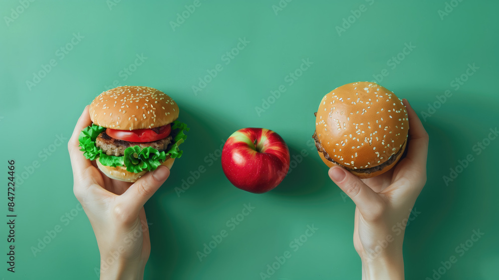 Wall mural unhealthy vs healthy food. burger and apple in different hands on green background . choice between 