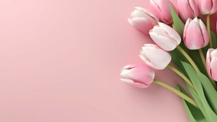 Elegant arrangement of pink and white tulips on a soft pastel pink background, creating a delicate floral display.
