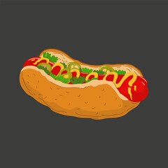 Vector street fast food icons on a black background. Cartoon food illustration. Hotdog, hamburger, pizza and shawarma logo.