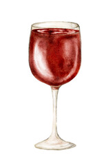 Watercolor red wine in glass, vector drink isolated on white