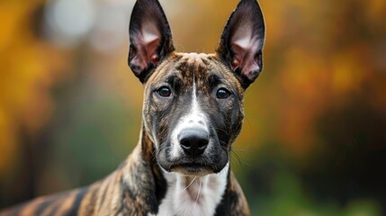 Obraz premium Portrait of a young and lovely bull terrier in brindle hues