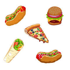 Vector street fast food icons. Cartoon food illustration. Hotdog, hamburger, pizza and shawarma. Menu design. Background with the fast food
