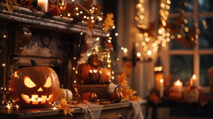 Halloween decorations with golden garland lights in a holiday setting