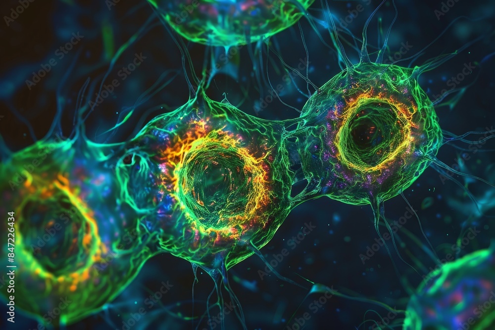 Poster microscopic view of green cells dividing and multiplying, representing the complexity of the nervous
