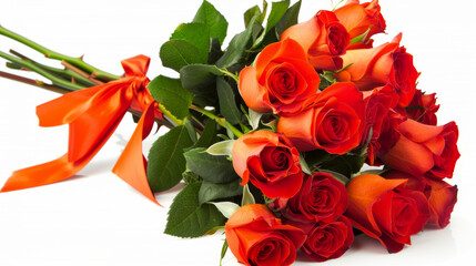 Bouquet of red roses with orange ribbon on white background