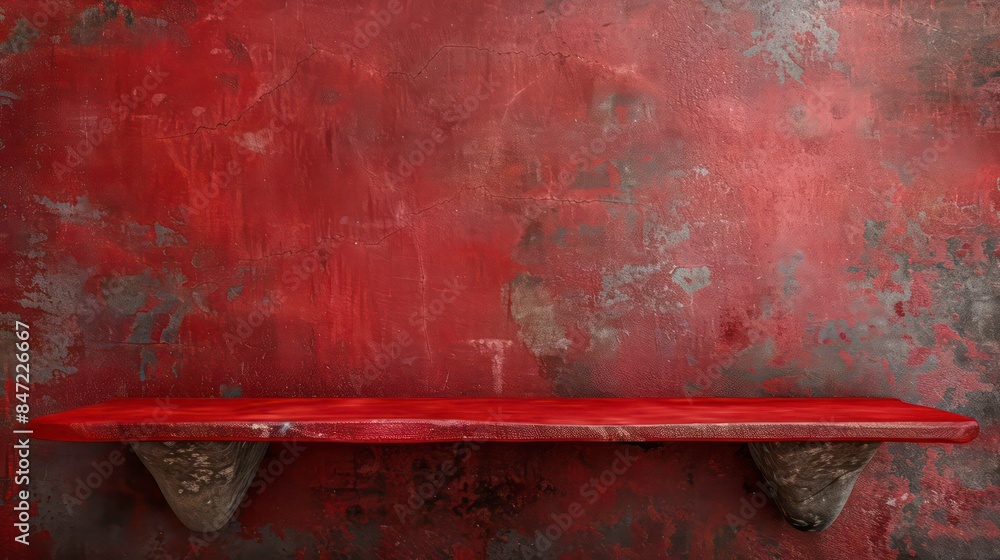 Poster empty red old textured background and stand display or shelf with studio for showing or designing ch