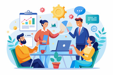 Business team working together, brainstorming, discussing ideas for project. People meeting at desk in office. illustration for co-working, teamwork, workspace concept, flat illustration