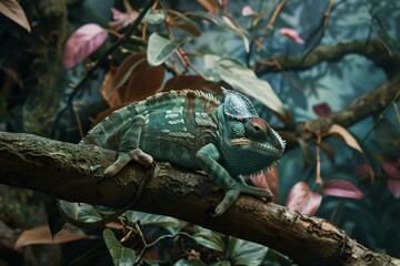 Naklejka premium Chameleon is resting on a branch in a vivid, colorful tropical setting
