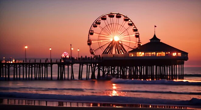 Fair with ferris wheel on the pier.