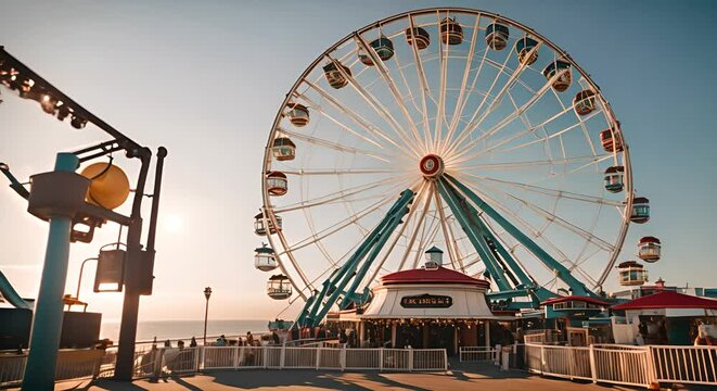 Fair with ferris wheel on the pier.