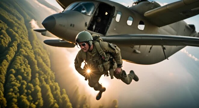 Paratrooper soldier jumping from the plane.