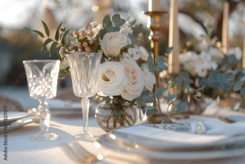 Wall mural Close up detail shot of a rustic boho style decorated wedding reception table