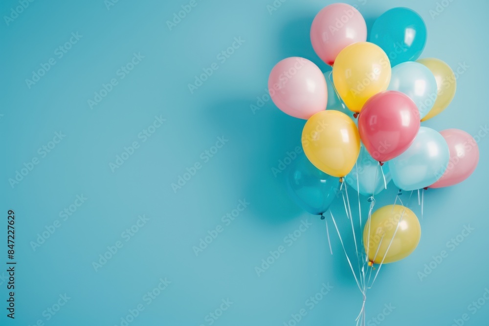 Poster a bunch of colorful balloons on a blue background, in a closeup view a web banner with empty space g