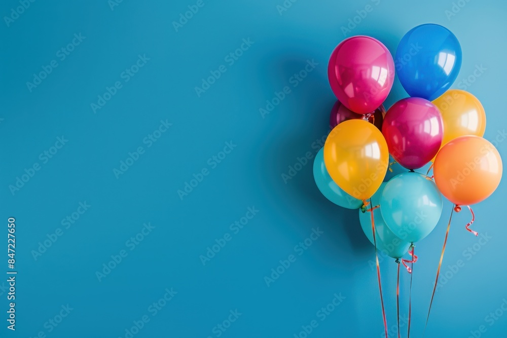 Poster a bunch of colorful balloons on a blue background, in a closeup view a web banner with empty space g