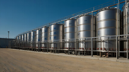 Obraz premium a storage facility with numerous large oil tanks, arranged in neat rows, their reflective surfaces catching the light of a clear, blue sky, 