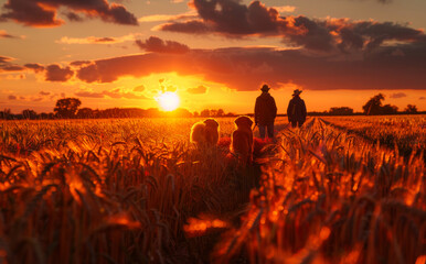 Farmers Walking Dogs At Sunset. Two farmers walk through a golden wheat field at sunset with their loyal farm dogs.