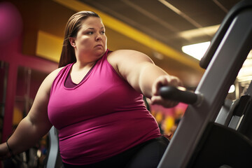 Fototapeta premium Woman working out on a rowing machine at the gym