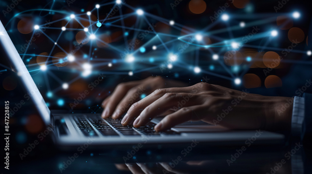 Poster hands typing on laptop with futuristic network graphics representing connectivity in close-up shot