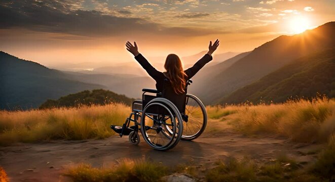 Woman in a wheelchair on the top of a mountain with her arms raised.