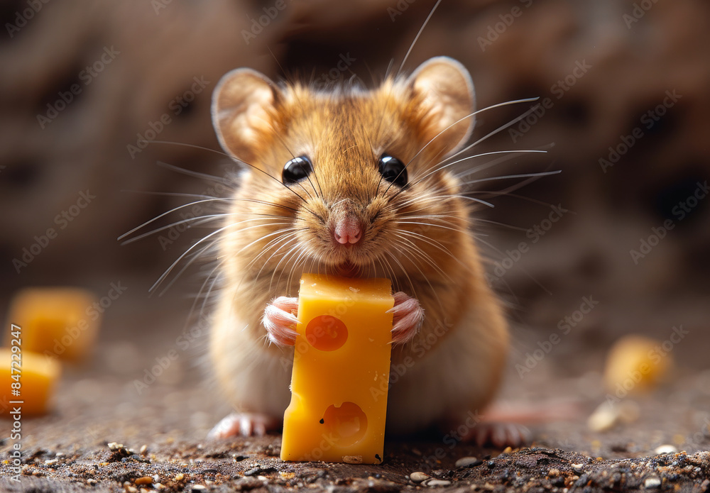 Wall mural a small brown mouse is holding a piece of cheese in its mouth. concept of curiosity and playfulness, - Wall murals