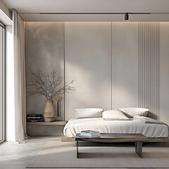 Aesthetic elegant minimalist interior design. Concrete effect paint in the room. Decorative stucco on the walls. Copy space. Clean apartment for decoration. Japandi, scandi style.
