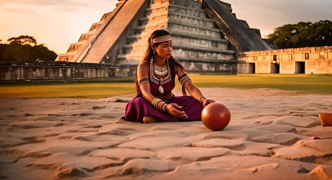Aztec woman with a ball. Aztec sport.