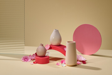 Set of ceramic vases and various geometric shape podiums