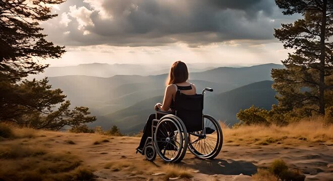 Woman in a wheelchair on the top of a mountain.