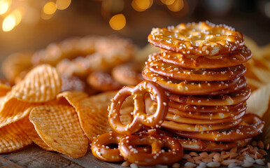 A pile of snacks including chips and pretzels. The pretzels are stacked on top of each other