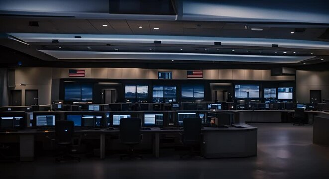 Mission control center of a space agency with large monitors and computers.