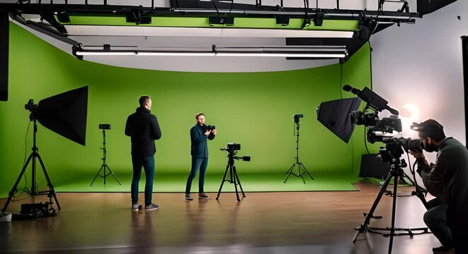 Film director on a recording set with green chroma key.