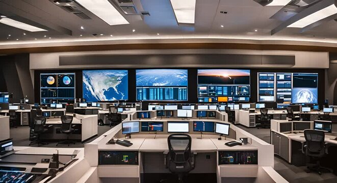Mission control center of a space agency with large monitors and computers.