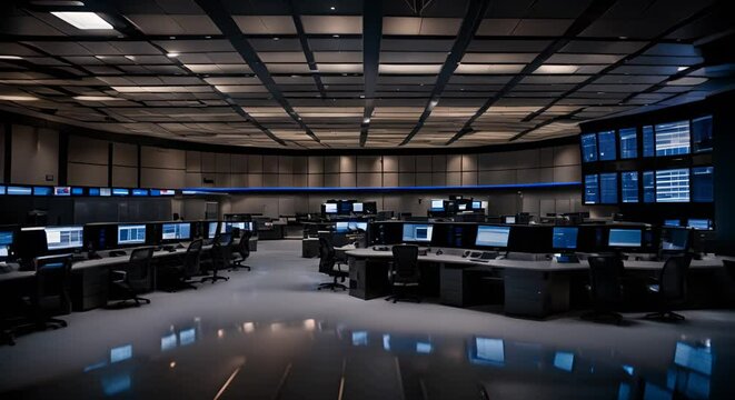 Mission control center of a space agency with large monitors and computers.