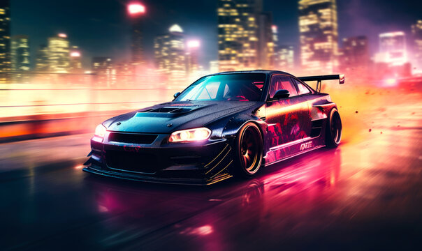 A Japanese car takes part in a street rally, capturing the essence of JDM culture with its sporty presence amidst the city's bustling streets, enhanced by the Motion Blur effect.