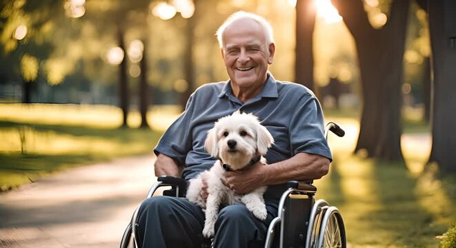 Senior man in a wheelchair with his dog.