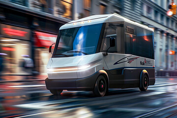 Fototapeta premium A commercial delivery van navigating the city streets, perfectly illustrating a mock-up for a cargo company in action.