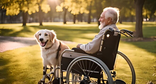 Senior man in a wheelchair with his dog.
