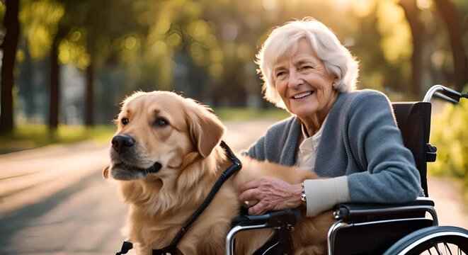 Senior woman in wheelchair with her dog.