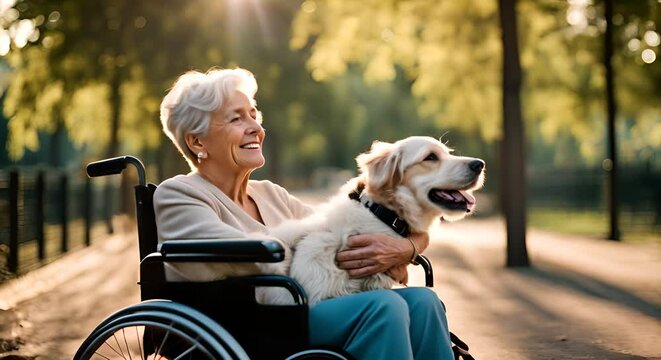 Senior woman in wheelchair with her dog.