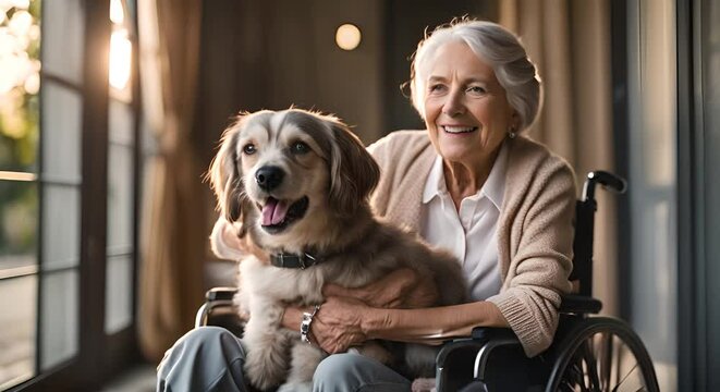 Senior woman in wheelchair with her dog.