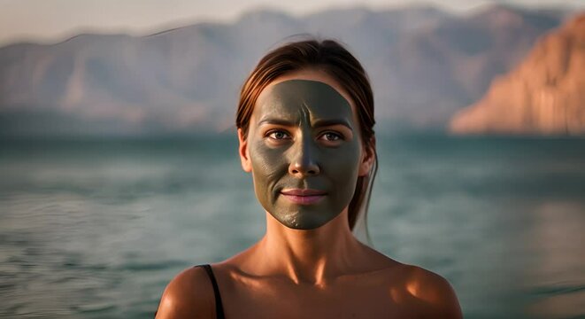 Woman with mud in the Dead Sea.