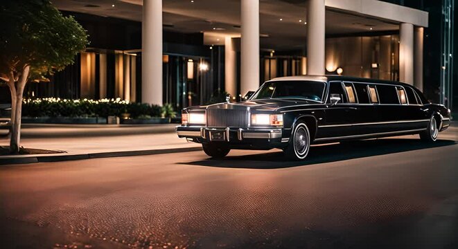 Black limousine in front of a luxury hotel.
