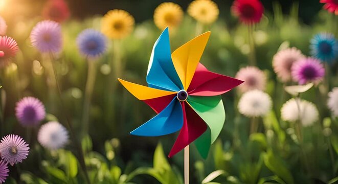 Colorful pinwheel in a garden.