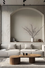 Aesthetic elegant minimalist interior design. Concrete effect paint in the room. Decorative stucco on the walls. Copy space. Clean apartment for decoration. Japandi, scandi style.